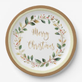 緑の金ゴールドの葉レッドベリークリスマス ペーパープレート (正面)
