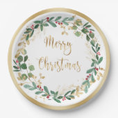 緑の金ゴールドの葉レッドベリークリスマス ペーパープレート (正面)