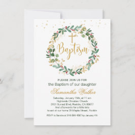 緑の金ゴールドの葉レッドベリークロスバプティスインビタット 招待状