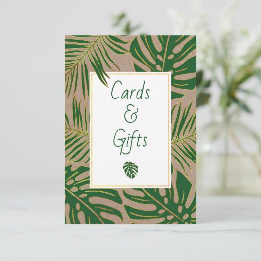 緑の金ゴールドの葉熱帯のカードとギフトサイン 招待状 (スタンド正面)