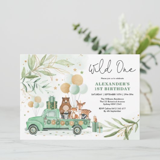 緑の金ゴールドウッドランドアニマルズワイルドワン誕生日 招待状 (スタンド正面)