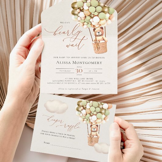 緑の金ゴールドクマのバルーン赤ちゃんシャワー オールインワン招待状