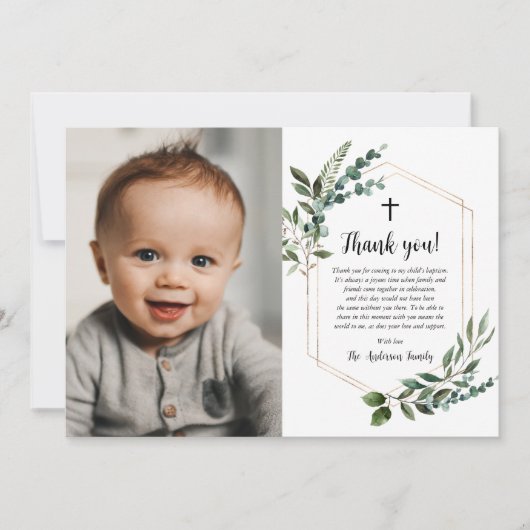 緑の金ゴールドクロスフォトバプテスマサンキューカード 招待状 (正面)