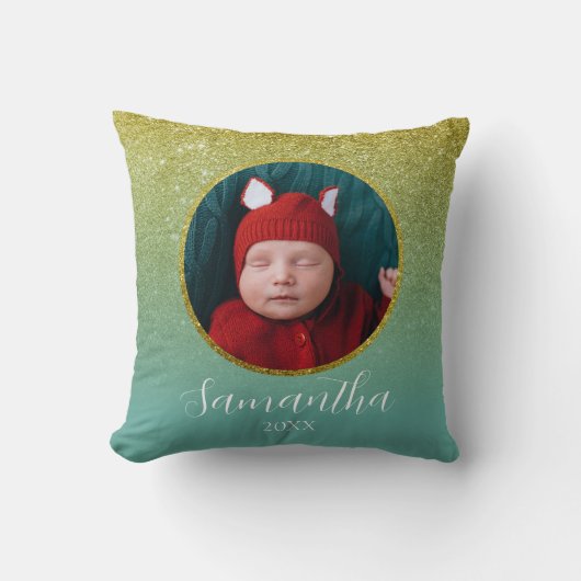緑の金ゴールドグリッタークリスマスフォトパーソナライズされたー クッション (正面)
