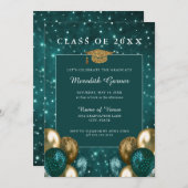 緑の金ゴールドグリッターバルーンの卒業 招待状 (正面/裏面)