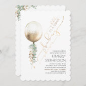 緑の金ゴールドグリッターバルーンサプライズ赤ちゃんシャワー 招待状 (正面/裏面)