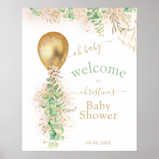 緑の金ゴールドグリッターユーカリバルーンウェルカム ポスター (正面)
