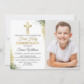緑の金ゴールドグリッター第一聖餐式の写真 招待状 (正面)