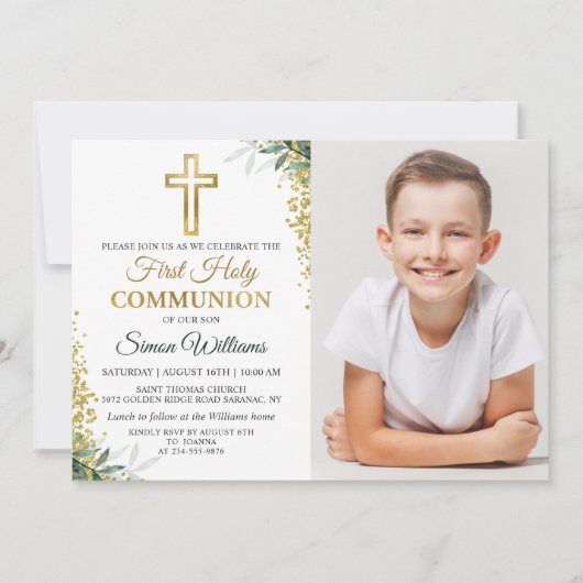 緑の金ゴールドグリッター第一聖餐式の写真 招待状 (正面)
