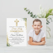 緑の金ゴールドグリッター第一聖餐式の写真 招待状 (スタンド正面)