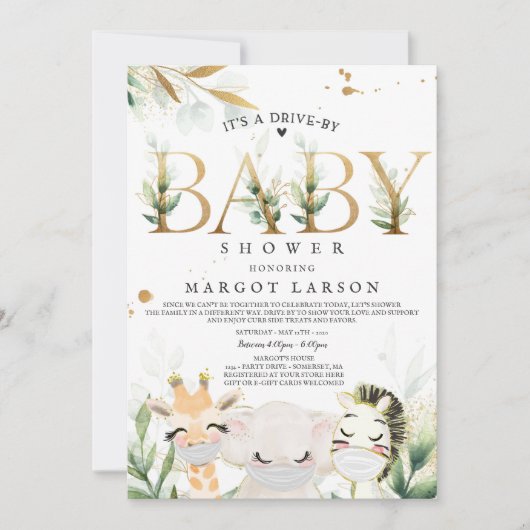 緑の金ゴールドサファリ動物がベビーシャワーで運転 招待状 (正面)