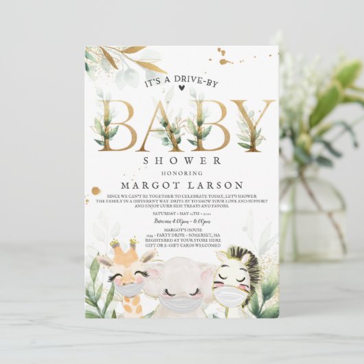 緑の金ゴールドサファリ動物がベビーシャワーで運転 招待状 (スタンド正面)