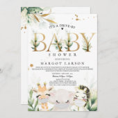 緑の金ゴールドサファリ動物がベビーシャワーで運転 招待状 (正面/裏面)