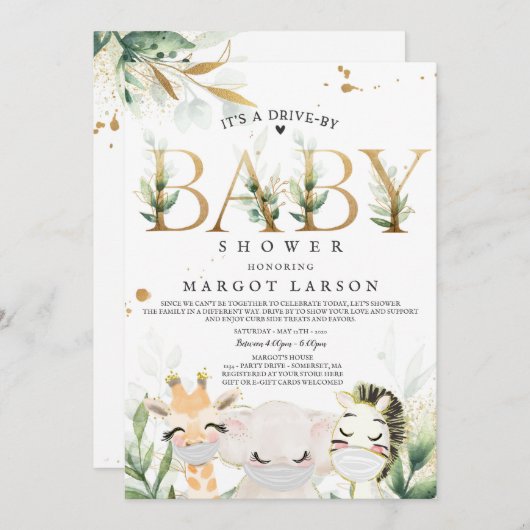 緑の金ゴールドサファリ動物がベビーシャワーで運転 招待状 (正面/裏面)