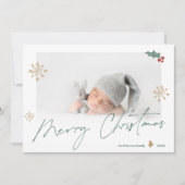 緑の金ゴールドシンプルメリーのクリスマス写真のスノーフレーク シーズンカード (正面)