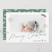緑の金ゴールドシンプルメリーのクリスマス写真のスノーフレーク シーズンカード (正面/裏面)