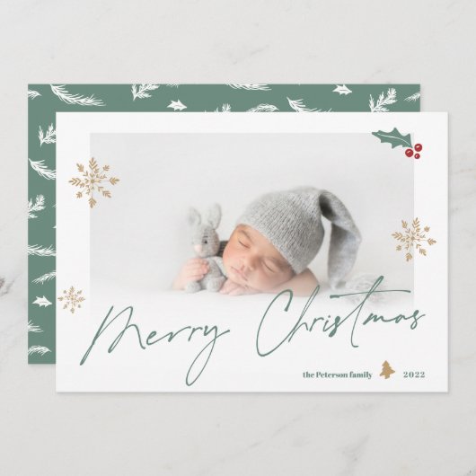 緑の金ゴールドシンプルメリーのクリスマス写真のスノーフレーク シーズンカード (正面/裏面)
