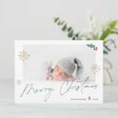 緑の金ゴールドシンプルメリーのクリスマス写真のスノーフレーク シーズンカード (スタンド正面)