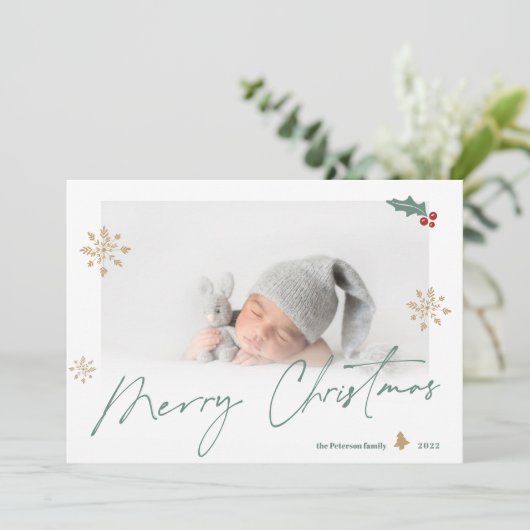 緑の金ゴールドシンプルメリーのクリスマス写真のスノーフレーク シーズンカード (スタンド正面)
