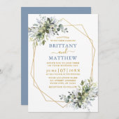 緑の金ゴールドジオフレームダスティブルー結婚ズ 招待状 (正面/裏面)