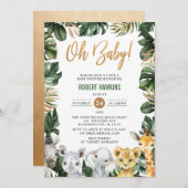 緑の金ゴールドジャングル動物サファリああ赤ちゃんシャワー 招待状 (正面/裏面)