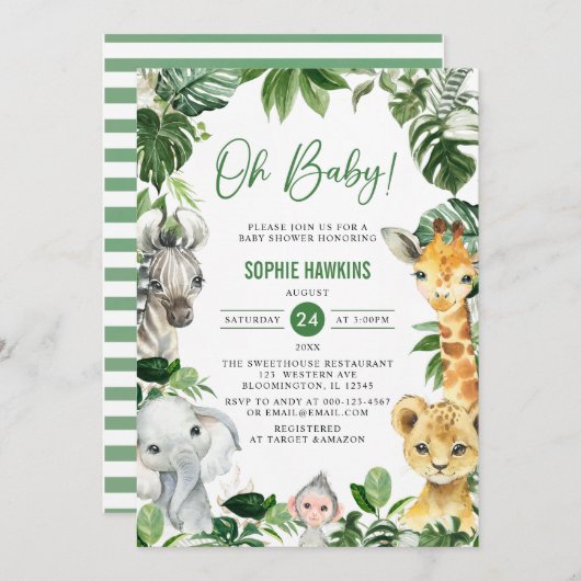 緑の金ゴールドジャングル動物サファリああ赤ちゃんシャワー 招待状 (正面/裏面)