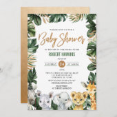 緑の金ゴールドジャングル動物サファリベイビーシャワー 招待状 (正面/裏面)