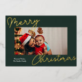 緑の金ゴールドスクリプトメリークリスマスシンプルの写真 箔シーズンカード (正面)