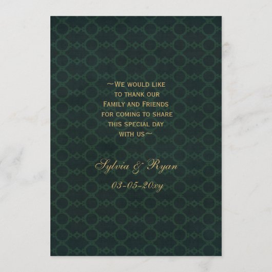 緑の金ゴールドスノーフレーク冬のウェディングメニューカード メニュー (裏面)