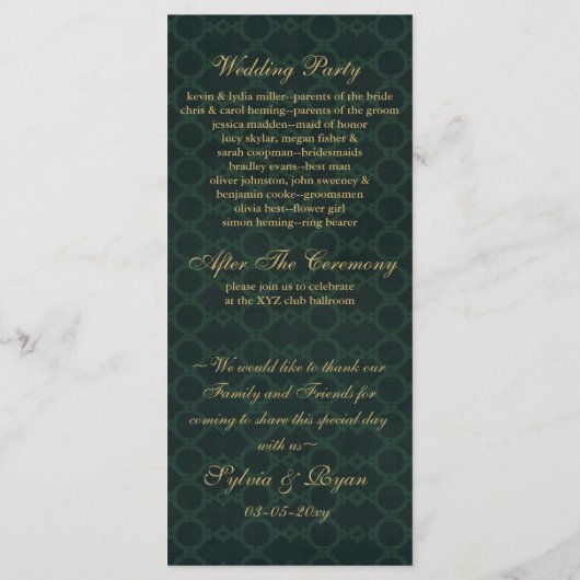 緑の金ゴールドスノーフレーク結婚式プログラムのお茶の長さ プログラム (裏面)