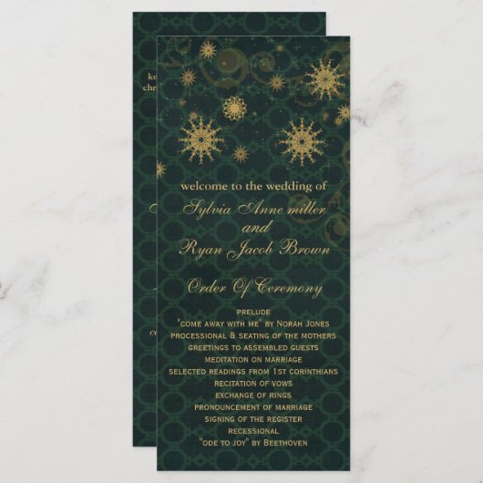 緑の金ゴールドスノーフレーク結婚式プログラムのお茶の長さ プログラム (正面/裏面)