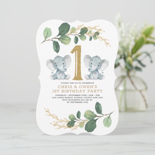 緑の金ゴールドツインエレファント1st誕生日ワイルドワン 招待状 (スタンド正面)