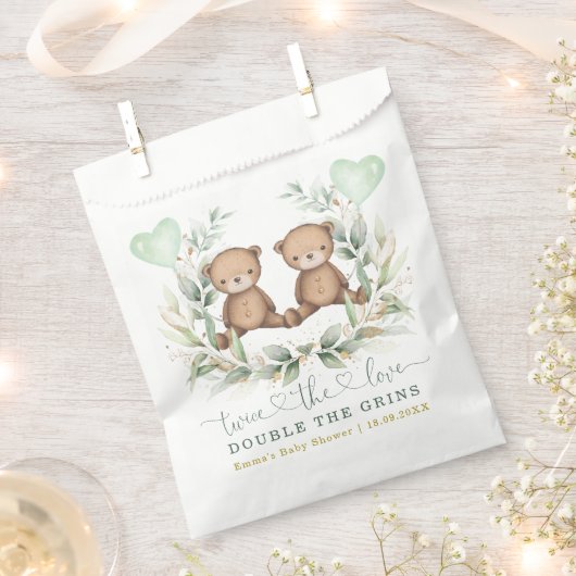 緑の金ゴールドツインテディベアバルーンベビーシャワー フェイバーバッグ (クリップ留めされた状態)