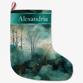 緑の金ゴールドツリーのクリスマス名 ラージクリスマスストッキング (正面)