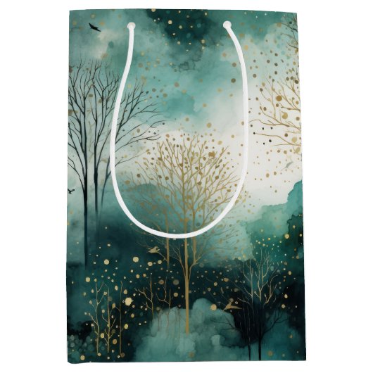 緑の金ゴールドツリークリスマス ミディアムペーパーバッグ (正面)