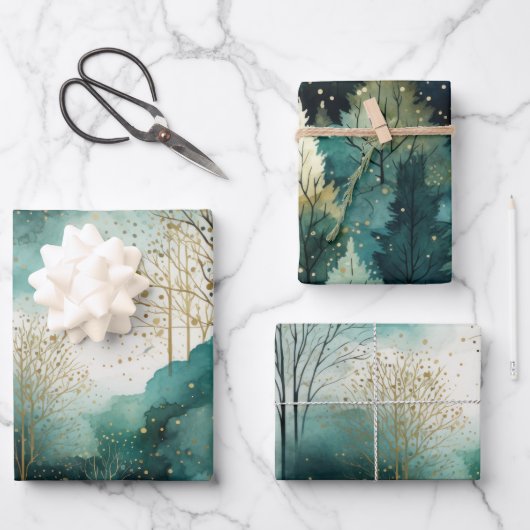 緑の金ゴールドツリークリスマス ラッピングペーパーシート (正面)