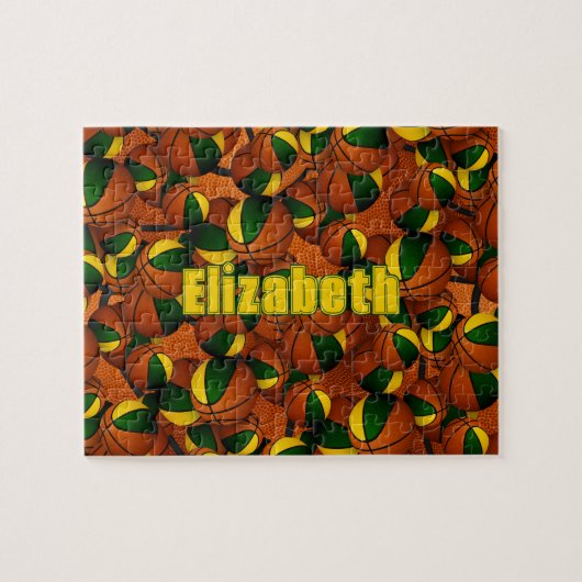 緑の金ゴールドバスケットボールガールズチームカラー ジグソーパズル (横)