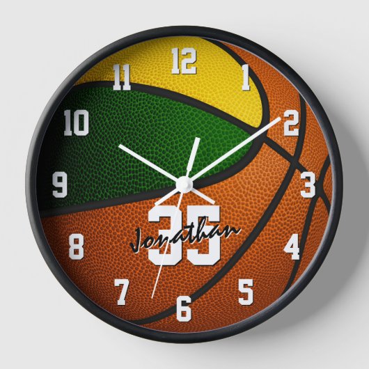 緑の金ゴールドバスケットボールボーイズ女の子スポーツルームデカール 壁時計 (正面)