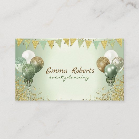 緑の金ゴールドバルーンのモダンイベント計画 名刺 (正面)