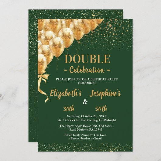 緑の金ゴールドバルーングリッターデュアル誕生日ツリー 招待状 (正面/裏面)