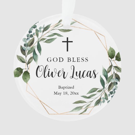 緑の金ゴールドパーソナライズされた写真バプテスマオーナメント オーナメント (正面)