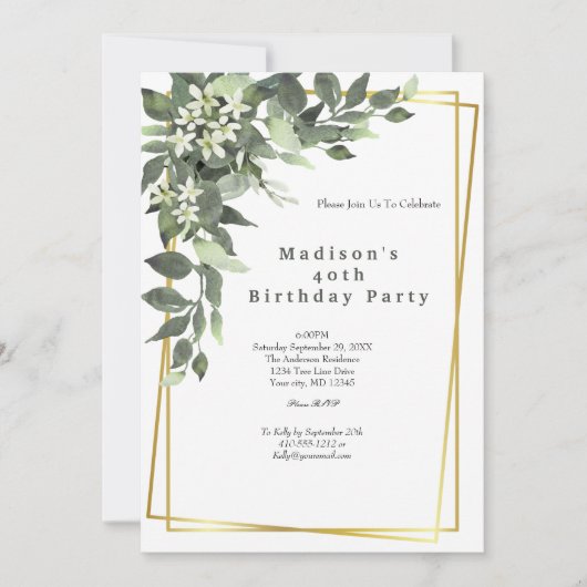 緑の金ゴールドフレームフローラ誕生日招待状 招待状 (正面)