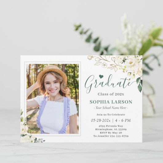 緑の金ゴールドフローラ写真卒業お祝い 招待状 (スタンド正面)
