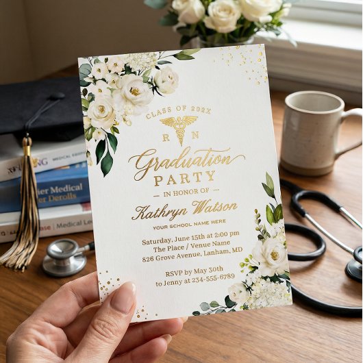 緑の金ゴールドフローラ看護学校卒業 箔招待状