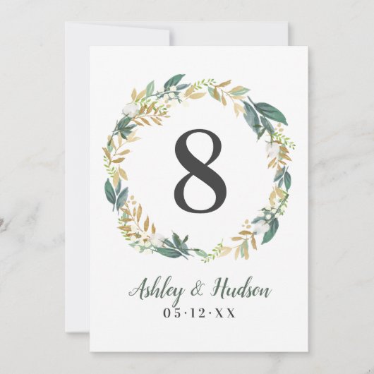 緑の金ゴールドフローラ結婚の表の番号 招待状 (正面)