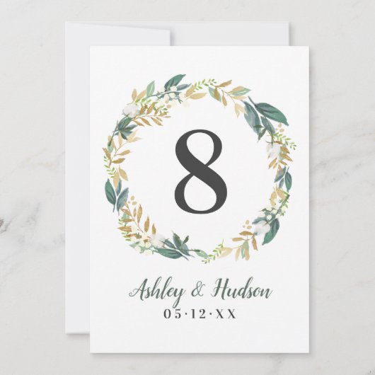 緑の金ゴールドフローラ結婚の表の番号 招待状 (裏面)