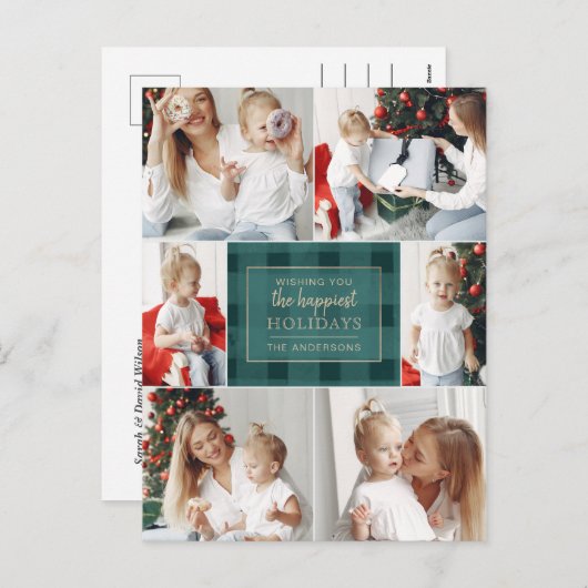 緑の金ゴールドプレイド非伝統的写真コラージュ シーズンポストカード (正面/裏面)