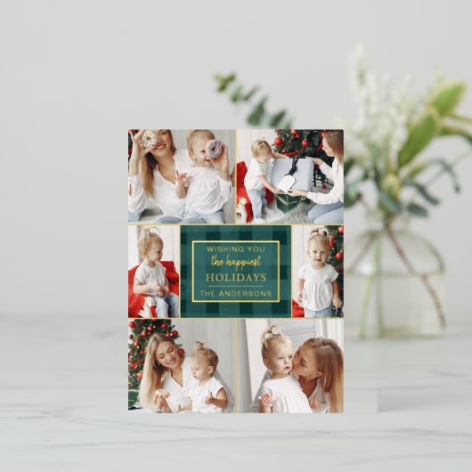 緑の金ゴールドプレイド非伝統的写真コラージュ 箔シーズンポストカード (立ち正面)