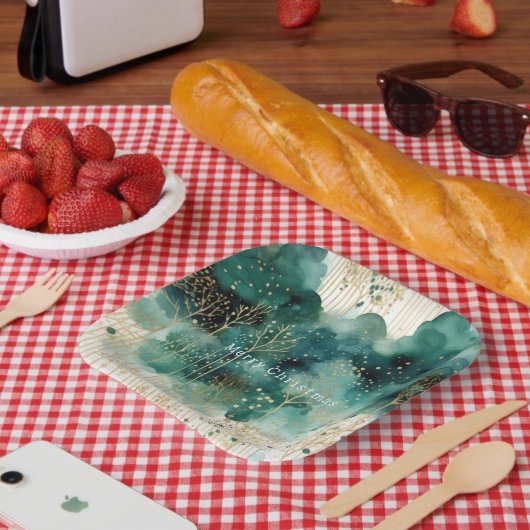 緑の金ゴールドホワイトツリーズクリスマス ペーパープレート (ピクニック)