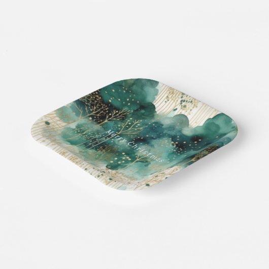 緑の金ゴールドホワイトツリーズクリスマス ペーパープレート (傾斜あり)